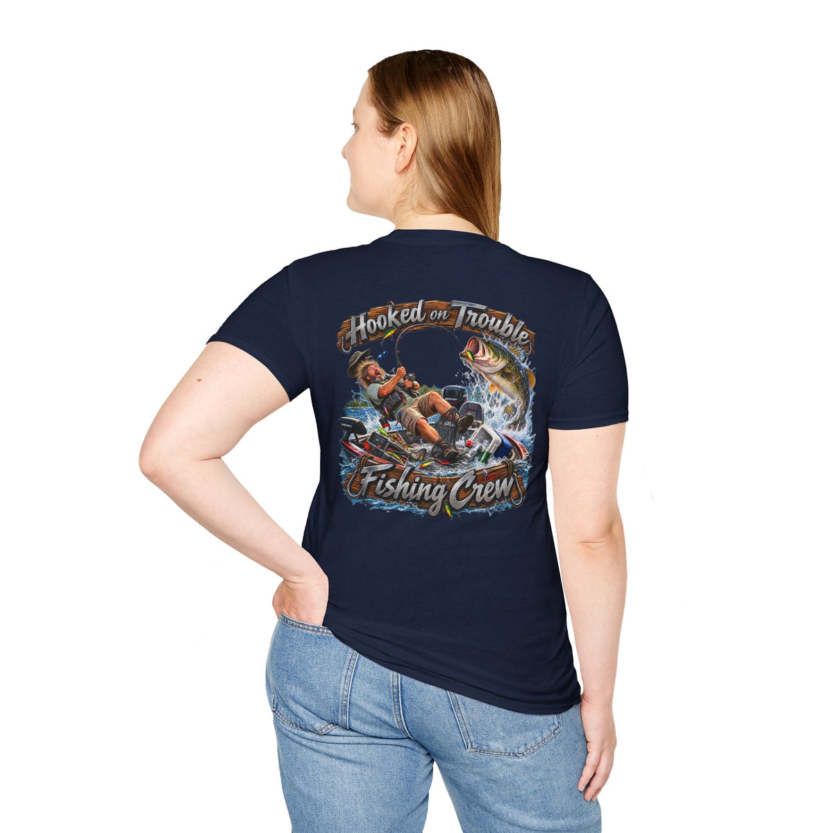 Fishing Crew T-Shirt — "Hooked on Trouble" Graphic T-Shirt
