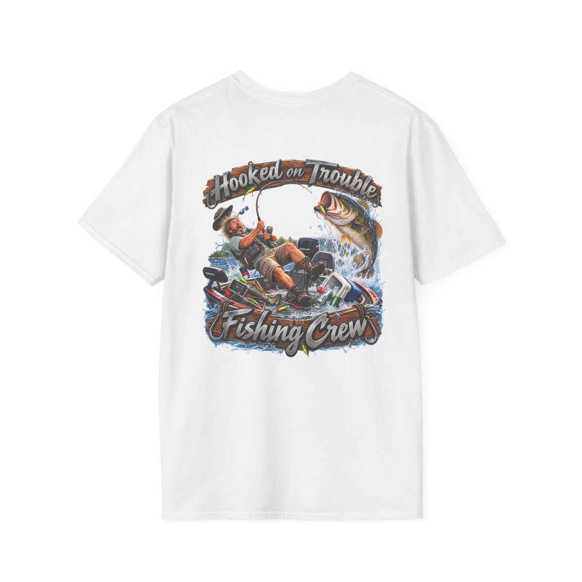 Fishing Crew T-Shirt — "Hooked on Trouble" Graphic T-Shirt
