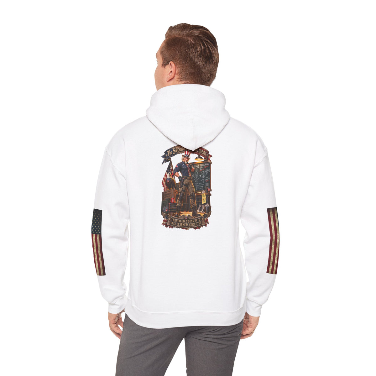 Patriotic Revolutionary War Hoodie — Vintage American Flag Sleeves
