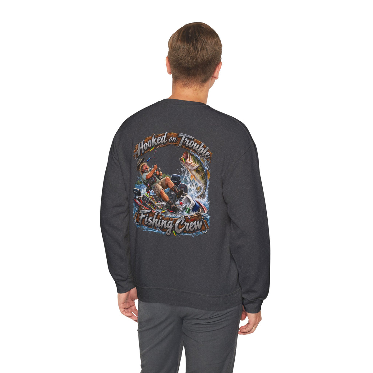 Fishing Crew Sweatshirt — "Hooked on Trouble" Graphic Crewneck - Personalized
