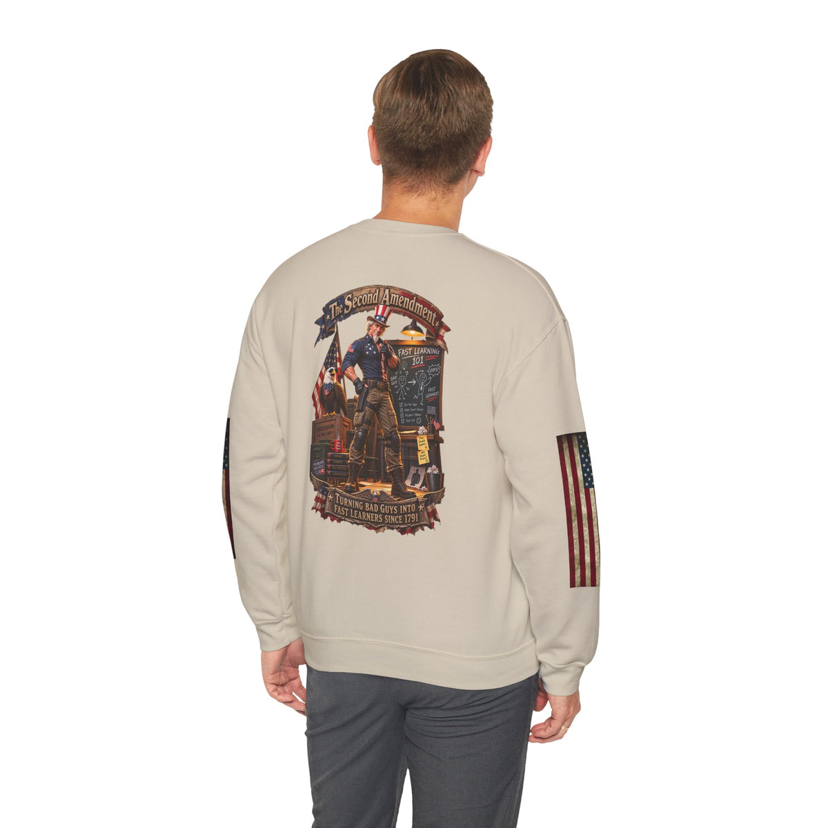 Patriotic Revolutionary War Crewneck Sweatshirt — Vintage American Flag Sleeves - Personalized