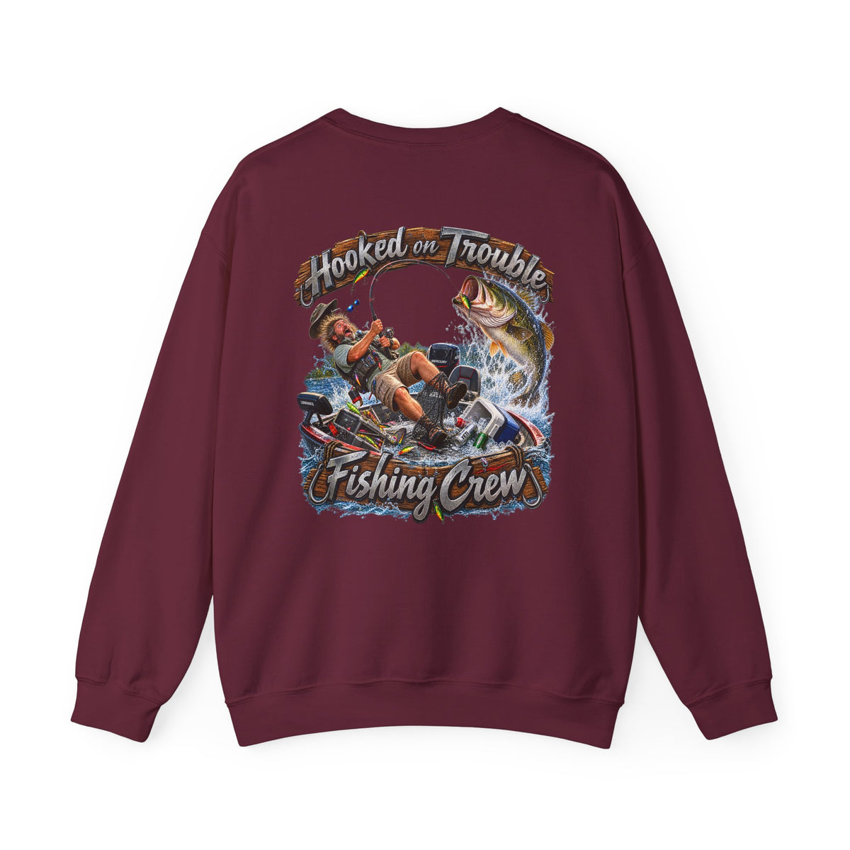 Fishing Crew Sweatshirt — "Hooked on Trouble" Graphic Crewneck