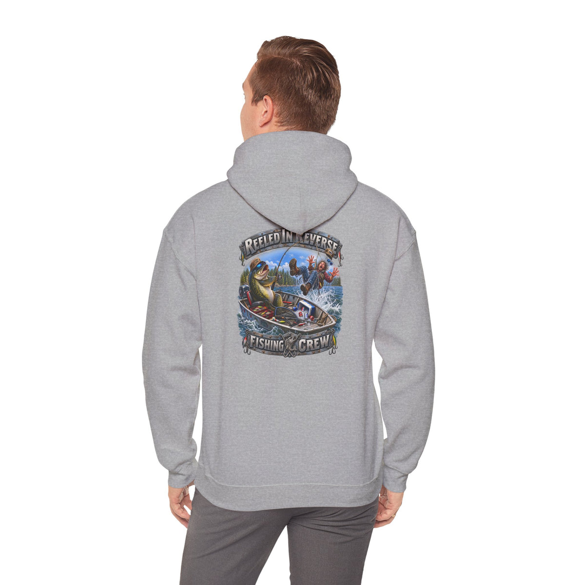 Fishing Crewneck Hoodie — "Reeled in Reverse" Graphic