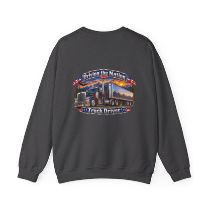 Truck Driver Crewneck Sweatshirt — "Driving the Nation" Patriotic Semi-Truck Design