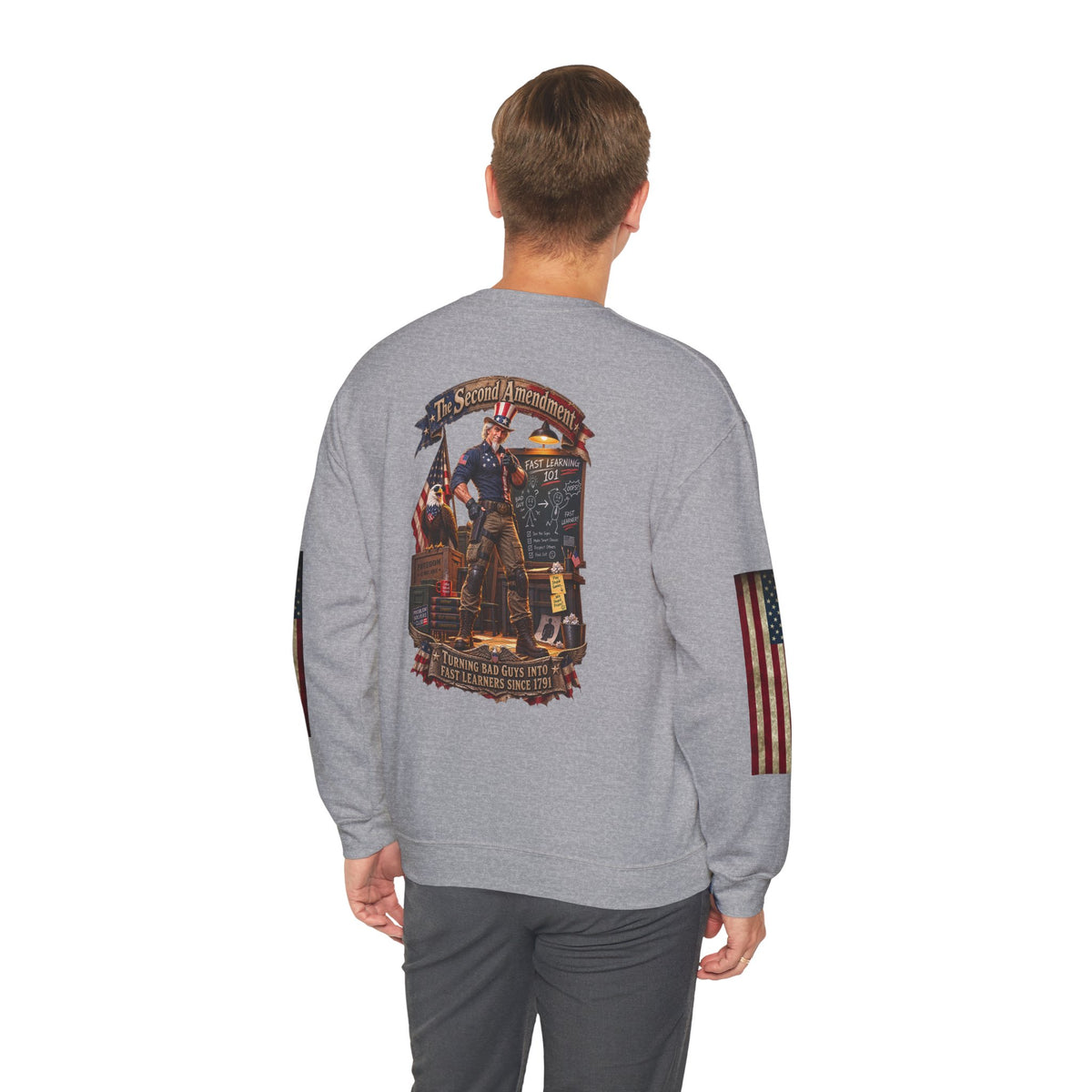 Patriotic Revolutionary War Crewneck Sweatshirt — Vintage American Flag Sleeves