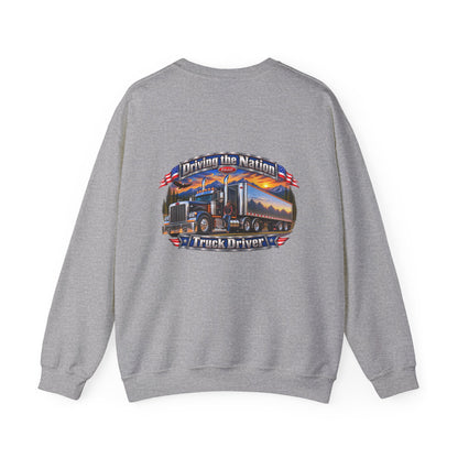 Truck Driver Crewneck Sweatshirt — "Driving the Nation" Patriotic Semi-Truck Design