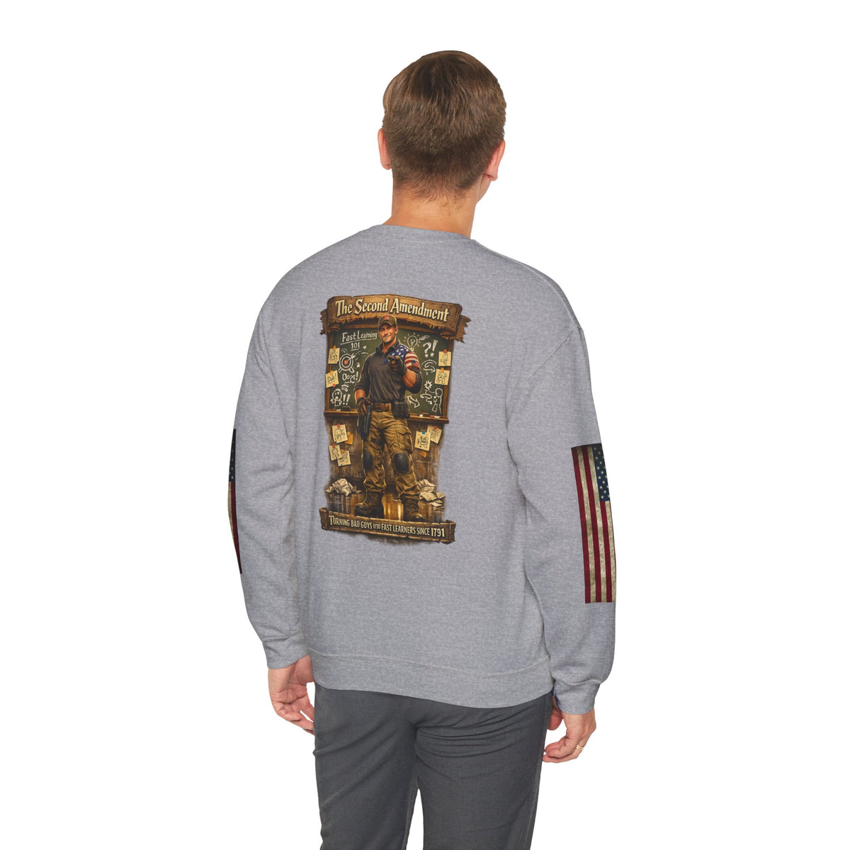 Patriotic Veteran Tribute Crewneck — American Flag Sleeves & Military Honor Back Print