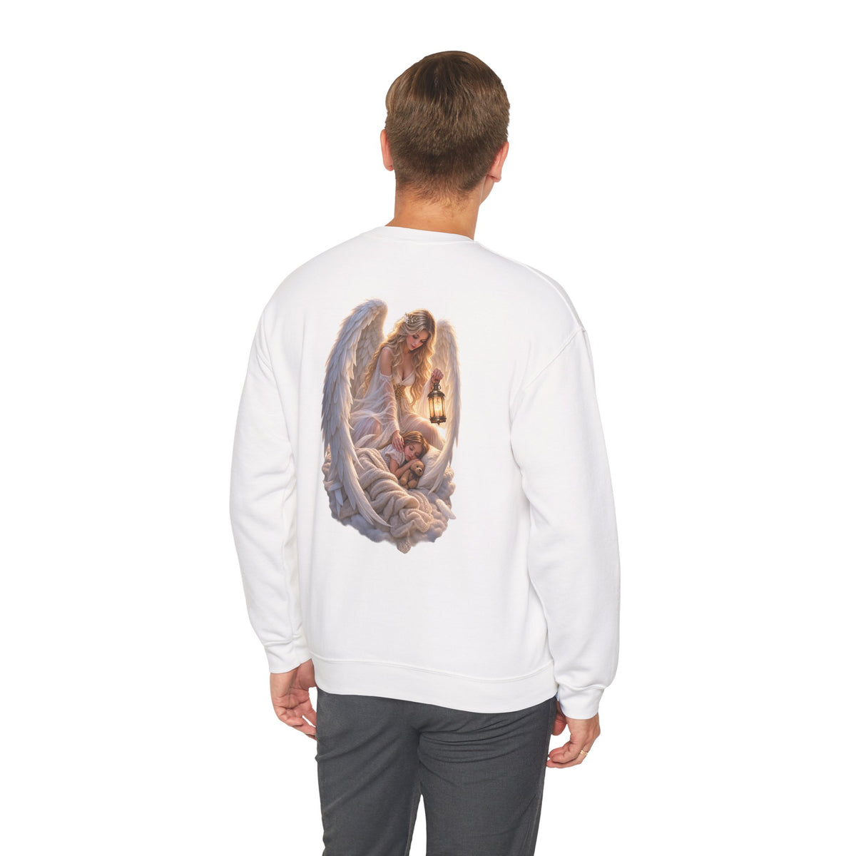 Angel Embrace Crewneck Sweatshirt — Serene Guardian Back Print