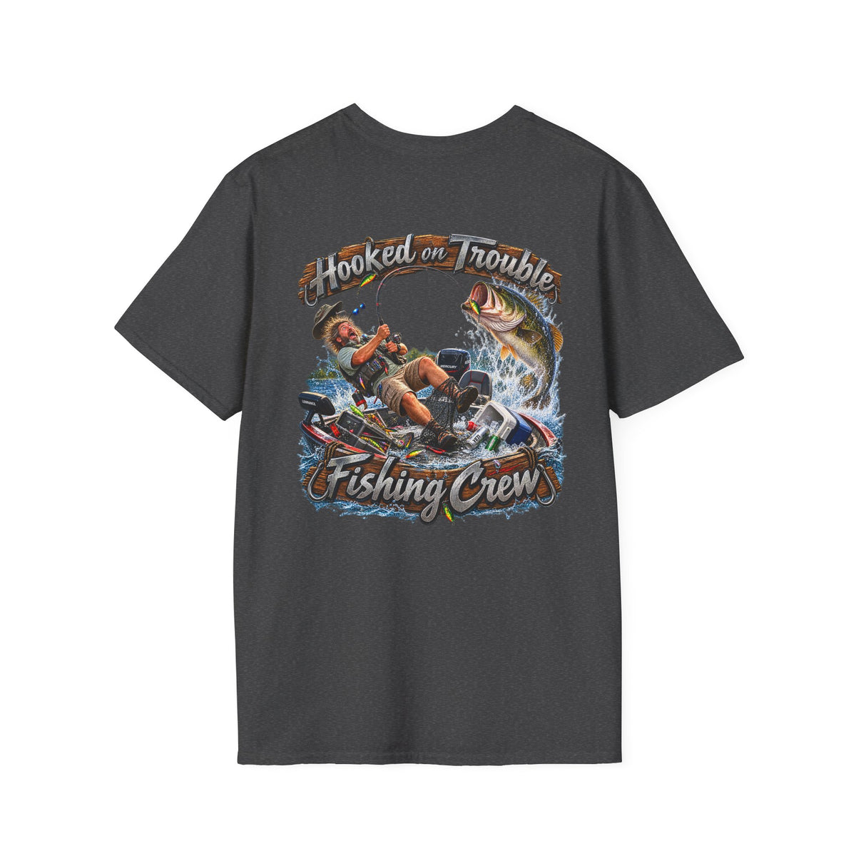 Fishing Crew T-Shirt — "Hooked on Trouble" Graphic T-Shirt