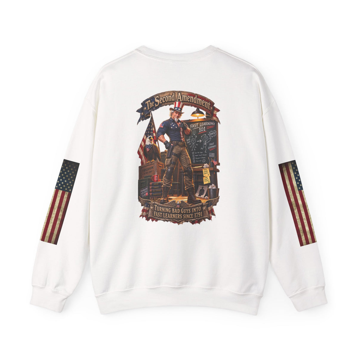 Patriotic Revolutionary War Crewneck Sweatshirt — Vintage American Flag Sleeves - Personalized