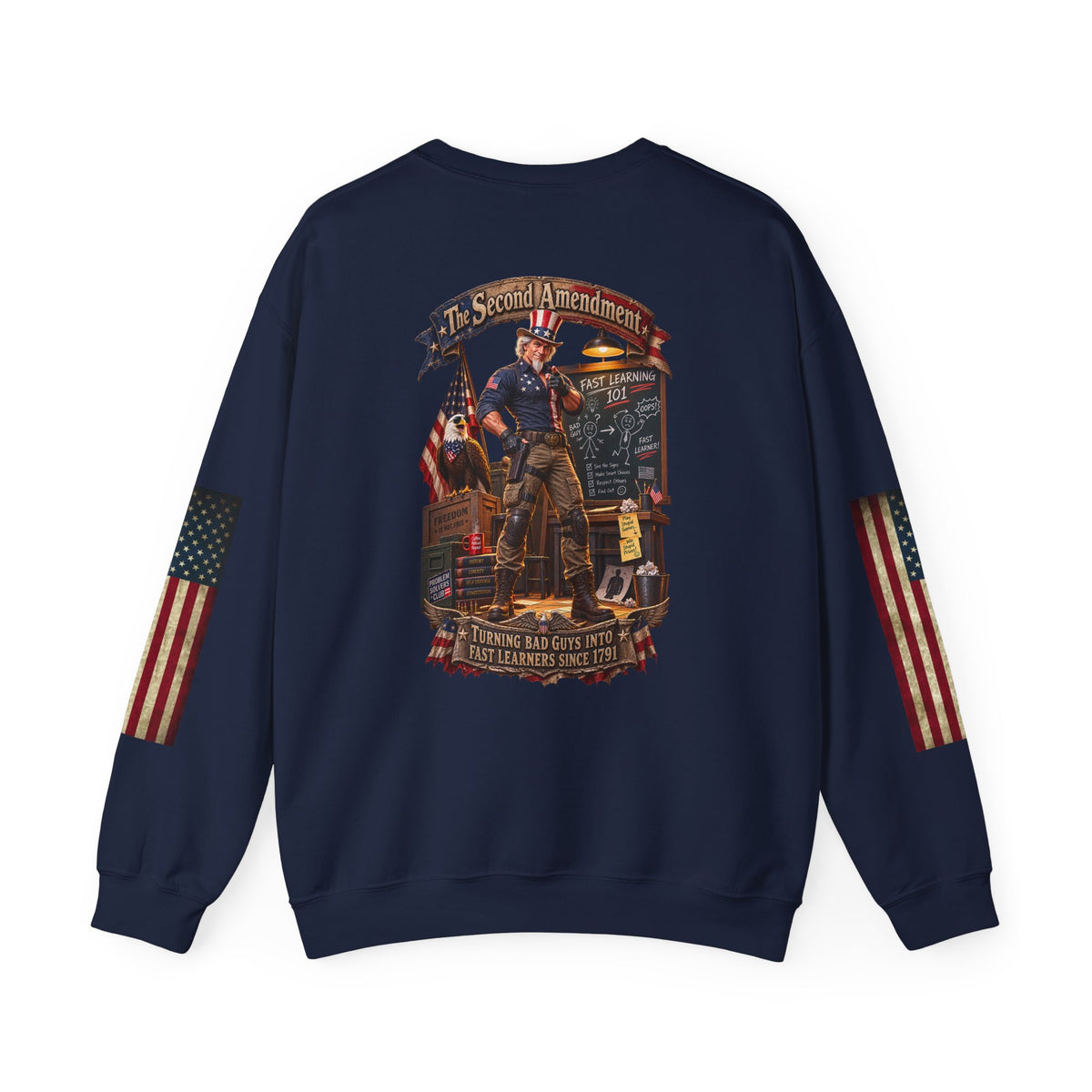 Patriotic Revolutionary War Crewneck Sweatshirt — Vintage American Flag Sleeves - Personalized