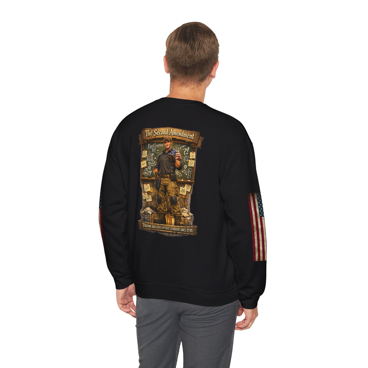Patriotic Veteran Tribute Crewneck Sweatshirt — American Flag Sleeves & Military Honor Back Print - Personalized
