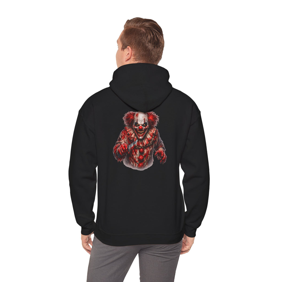 Horror Clown Bear Hoodie — Creepy Bloodied Teddy Graphic Sweatshirt