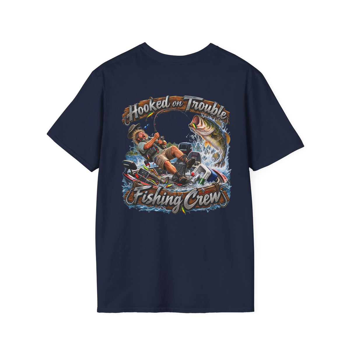 Fishing Crew T-Shirt — "Hooked on Trouble" Graphic T-Shirt