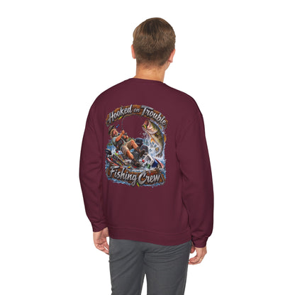 Fishing Crew Sweatshirt — "Hooked on Trouble" Graphic Crewneck - Personalized