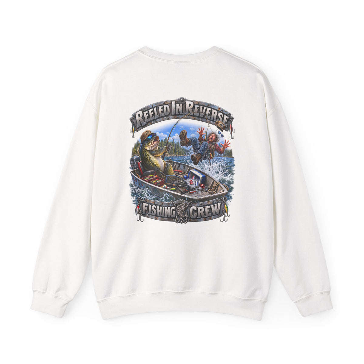Fishing Crewneck Sweatshirt — "Reeled in Reverse" Graphic
