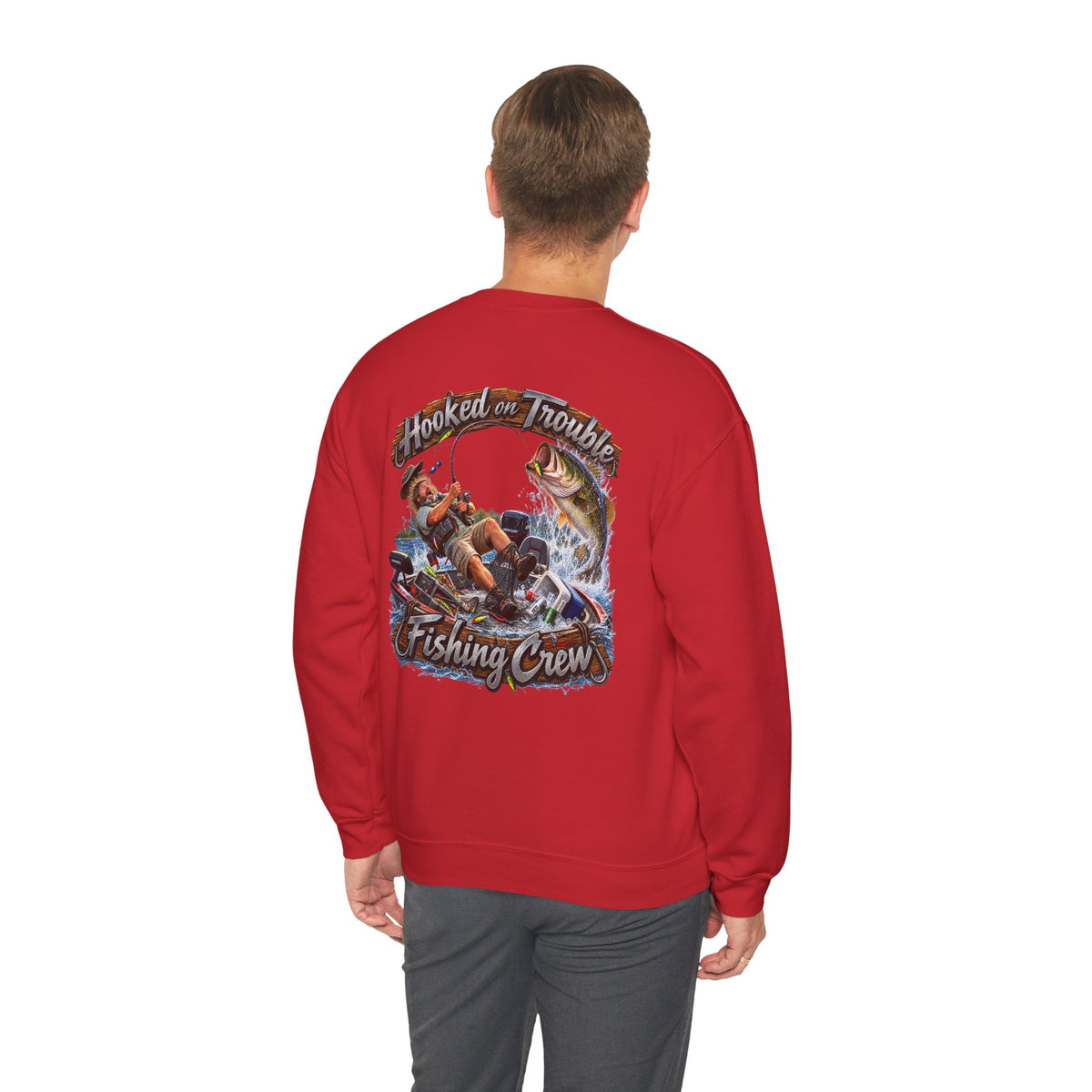 Fishing Crew Sweatshirt — "Hooked on Trouble" Graphic Crewneck