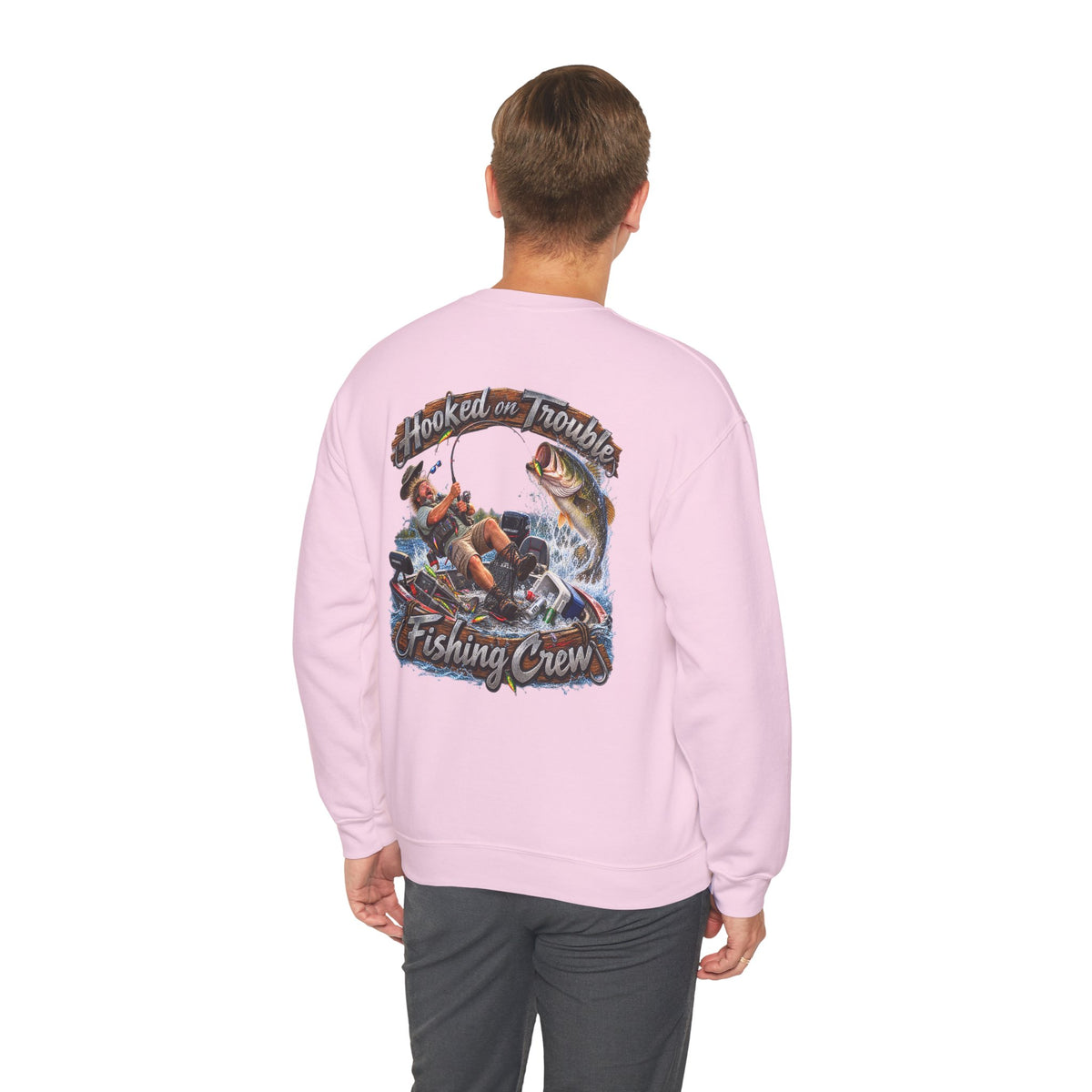 Fishing Crew Sweatshirt — "Hooked on Trouble" Graphic Crewneck - Personalized