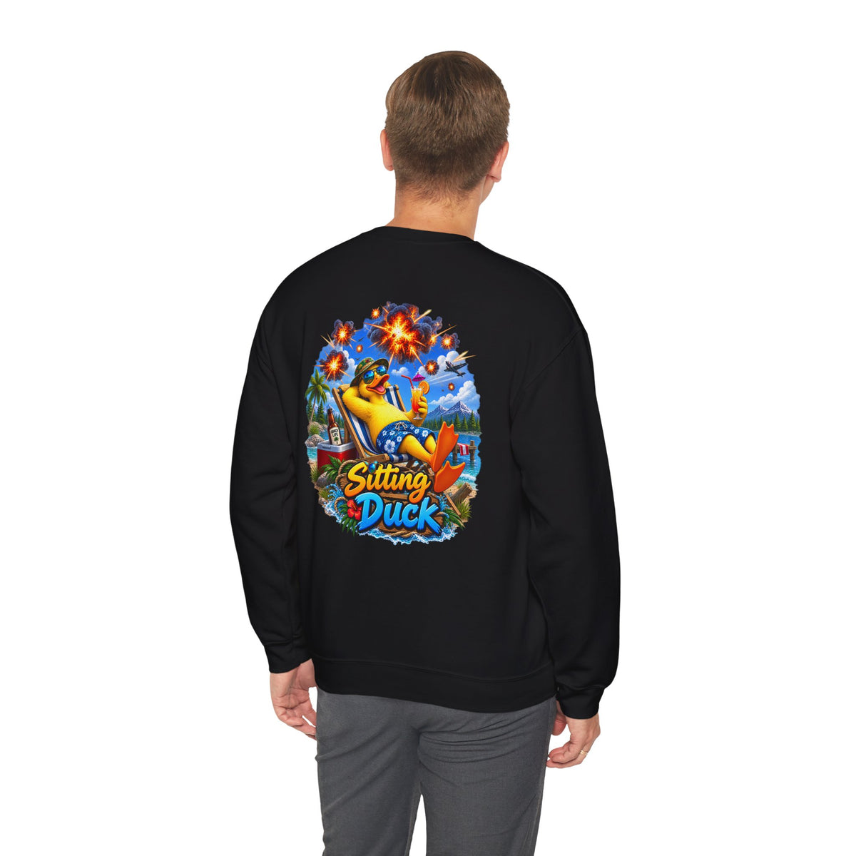 Sitting Duck Graphic Sweatshirt – Colorful Tropical Duck Illustration