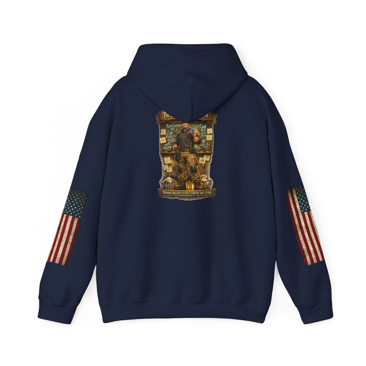Patriotic Veteran Tribute Hoodie — American Flag Sleeves & Military Honor Back Print