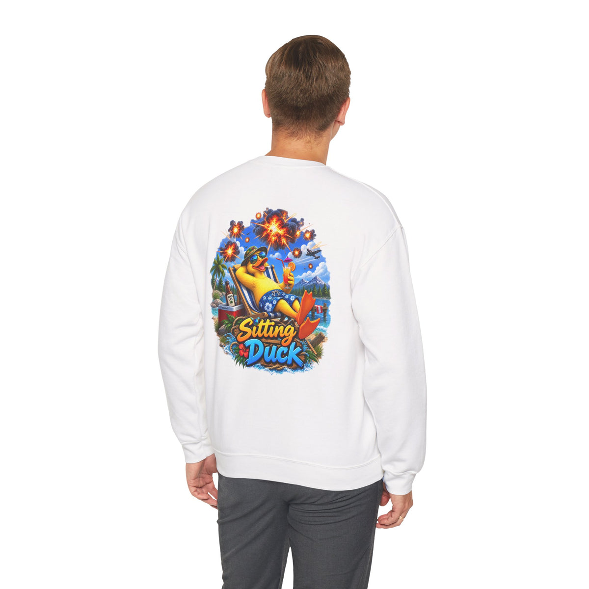 Sitting Duck Graphic Sweatshirt – Colorful Tropical Duck Illustration