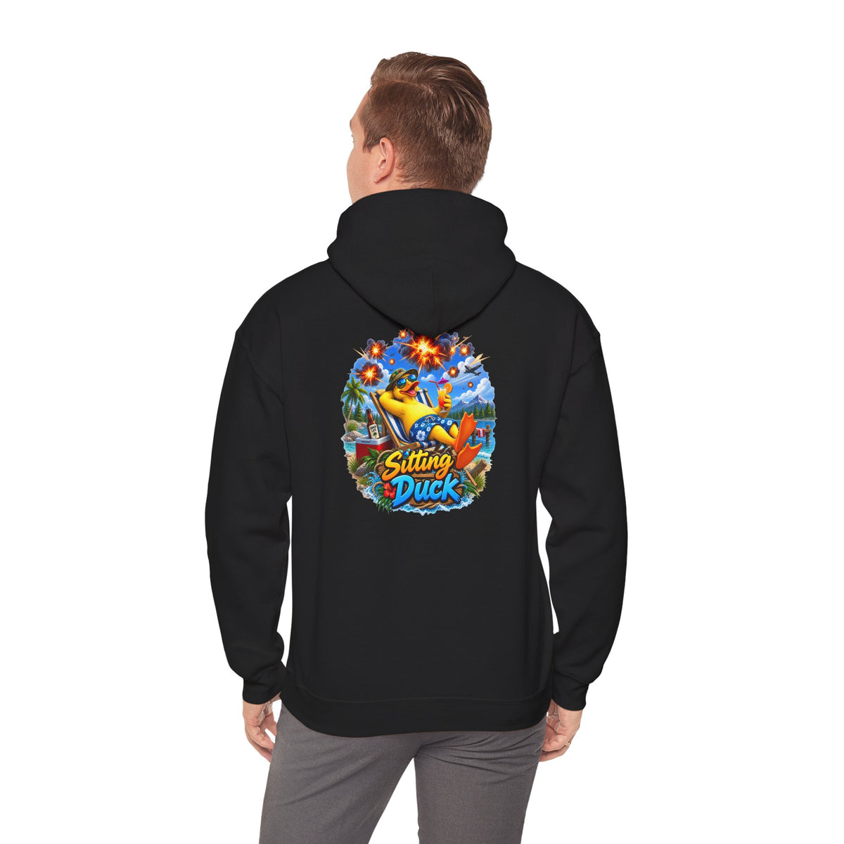 Sitting Duck Graphic Hoodie – Colorful Tropical Duck Illustration