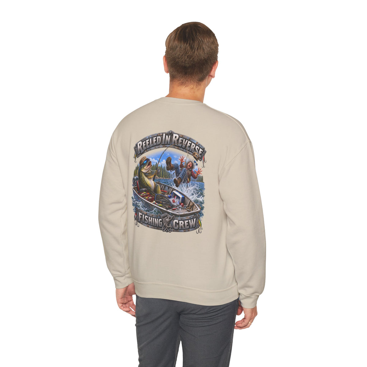 Fishing Crewneck Sweatshirt — "Reeled in Reverse" Graphic