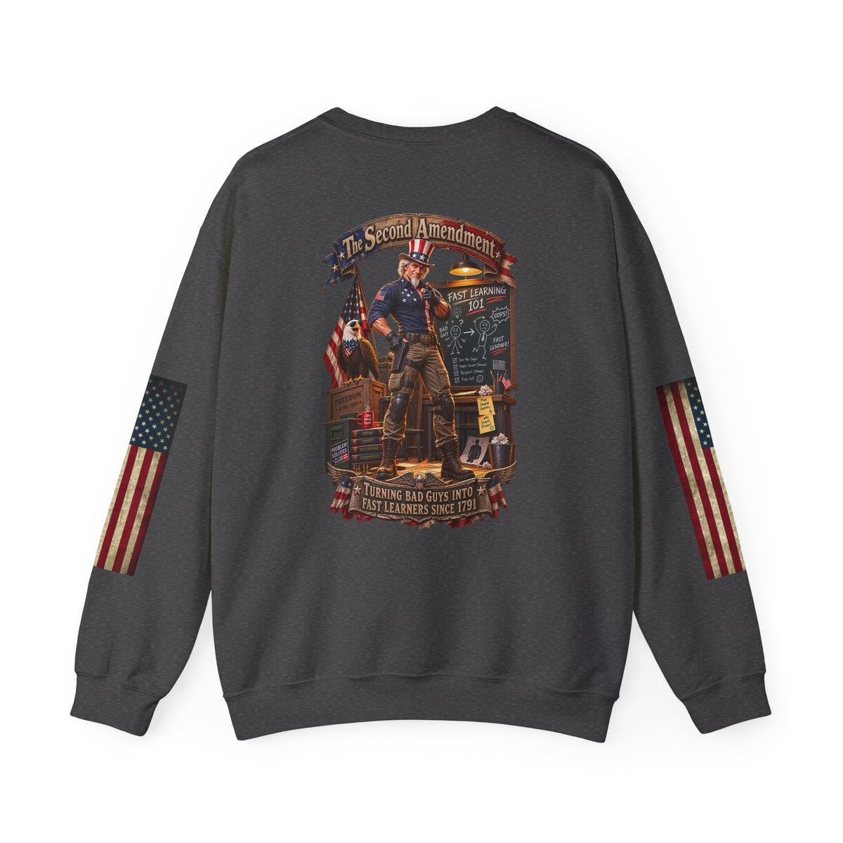 Patriotic Revolutionary War Crewneck Sweatshirt — Vintage American Flag Sleeves