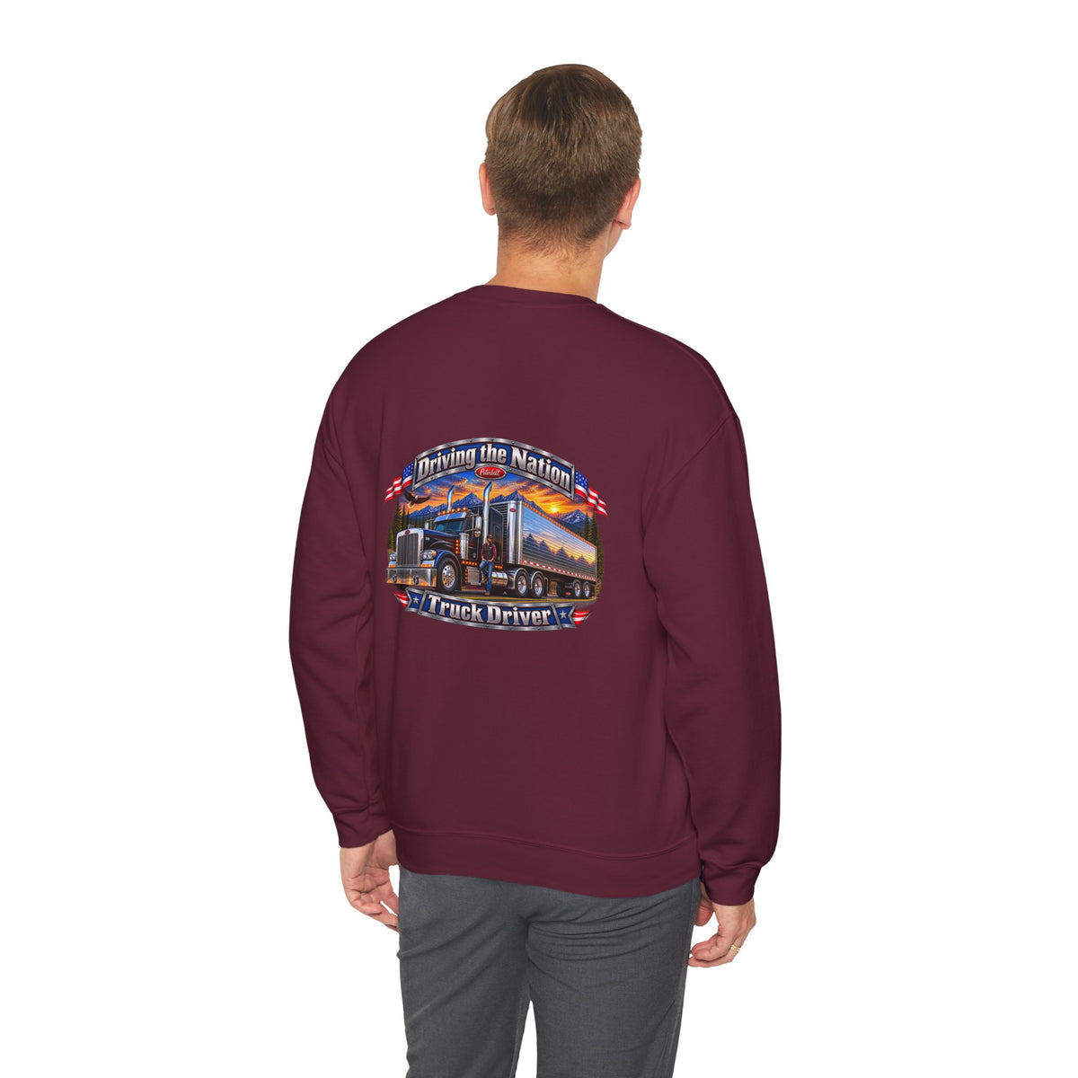 Truck Driver Crewneck Sweatshirt — "Driving the Nation" Patriotic Semi-Truck Design